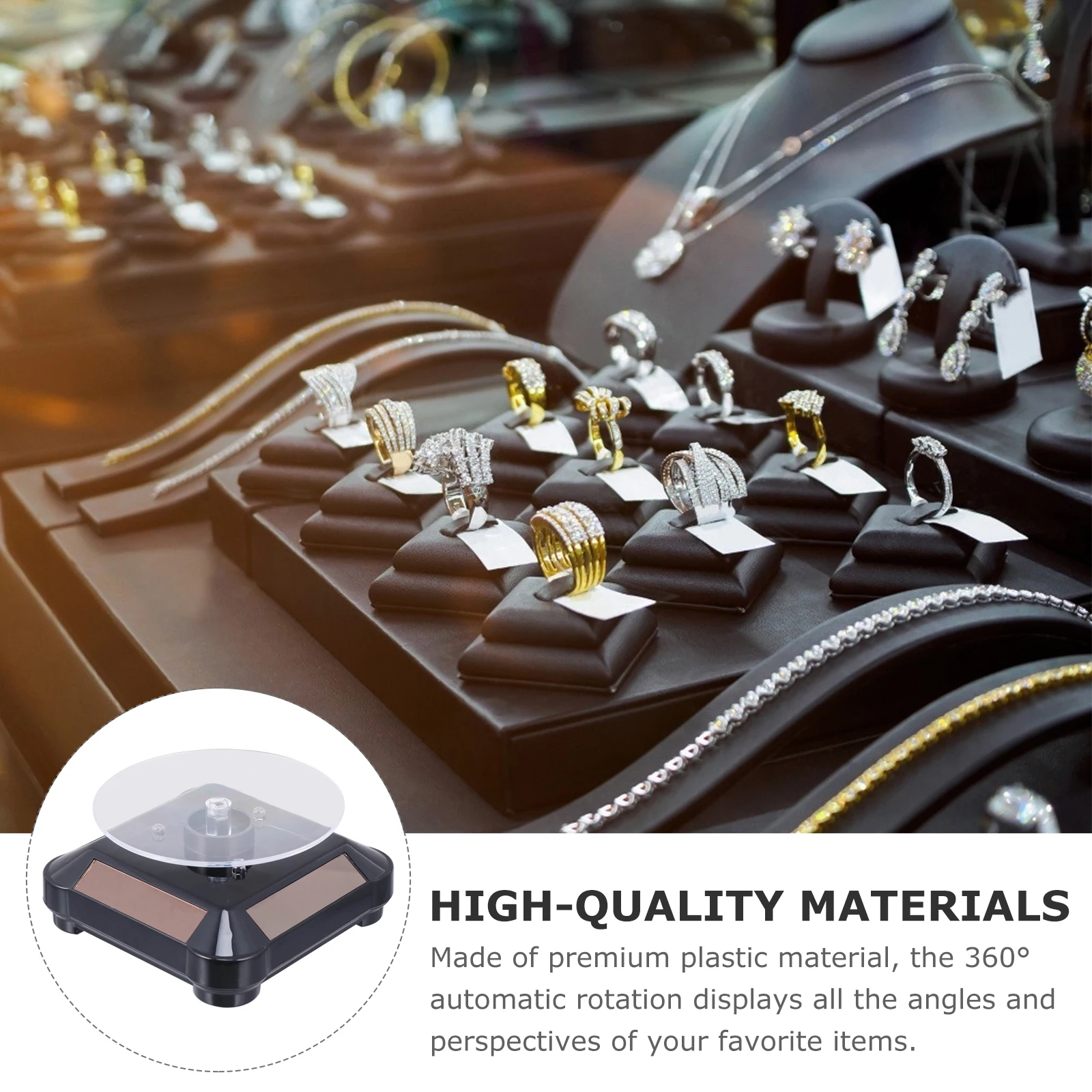 

Rotating Display Stand 360 Degree LED Light Solar Powered Jewelry Watch Phone Camera Toy Collectibles Turntable Plastic