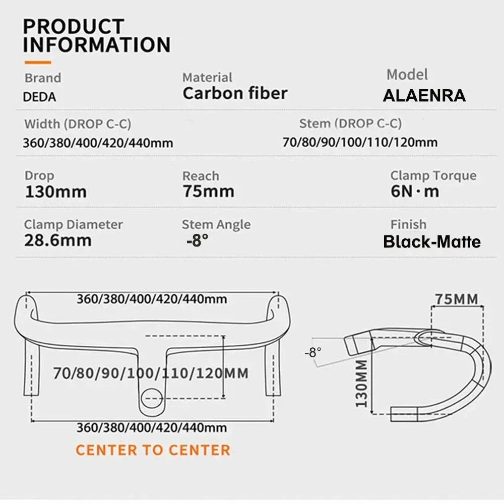 DEDA  ALAENRA Carbon Road 360-440mm Full Internal Wiring Integrated Handlebar 28.6mm Carbon Handlebars with Bike Comput Holder