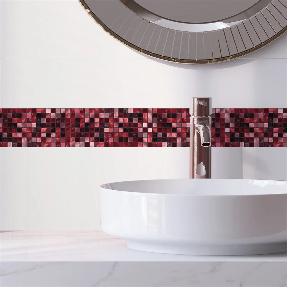Red Mosaic Bathroom Waterproof Waistline Wall Stickers Self Adhesive Baseboard Border Tile Wall Stickers Modern Wallpaper Border