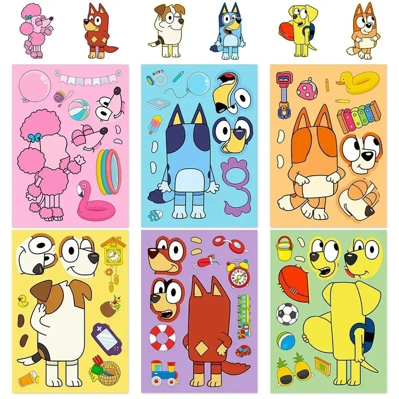 Pegatinas de dibujos animados de la familia Bluey para niños, pegatinas de rompecabezas de dibujos animados bonitos, pegatinas de manual de Color DIY, pegatina de Animal educativo, regalo de juguete, 30/60 piezas