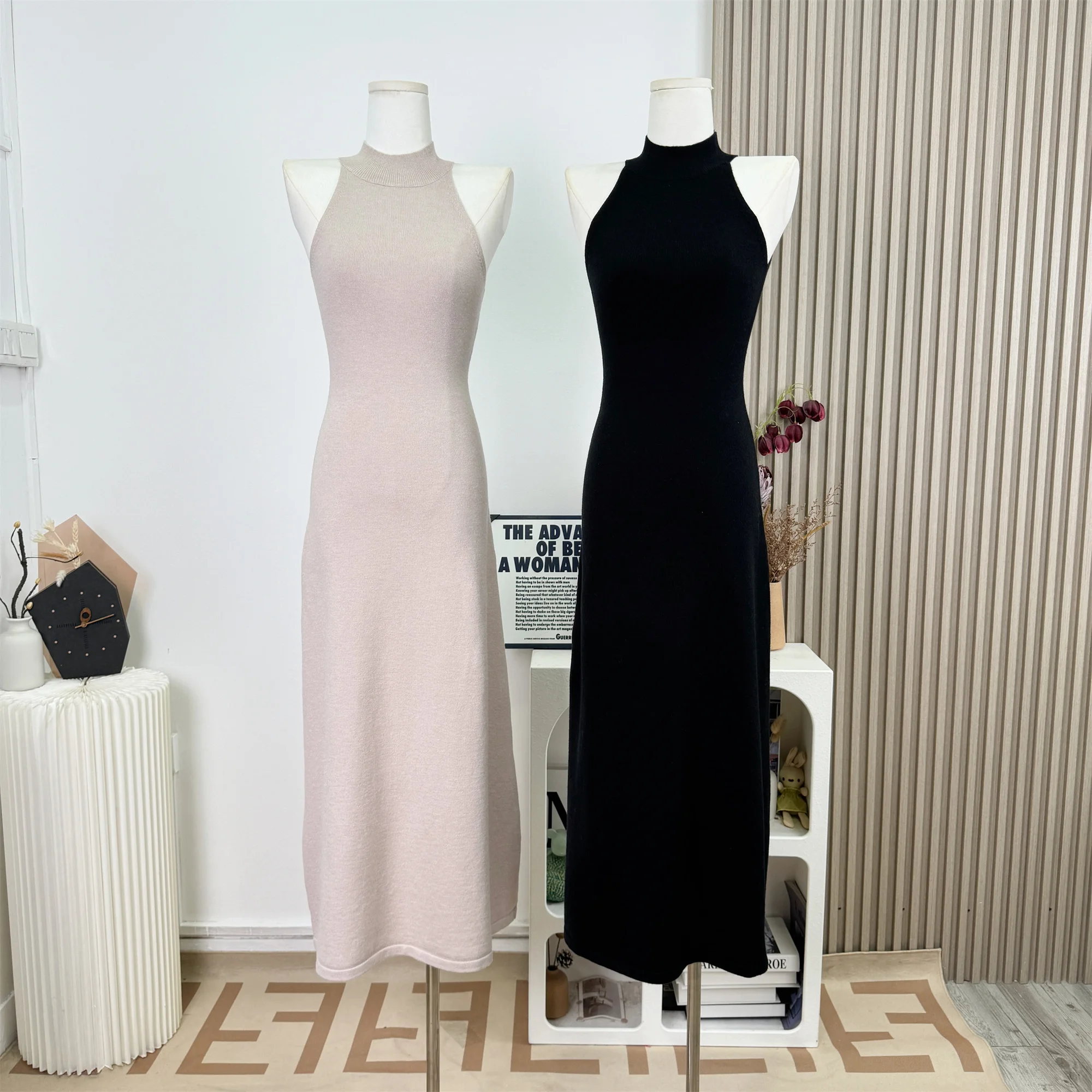 Style coréen cou suspendu épaules dénudées une ligne tricoté robes de soirée douce coupe ajustée Simple longues robes C216