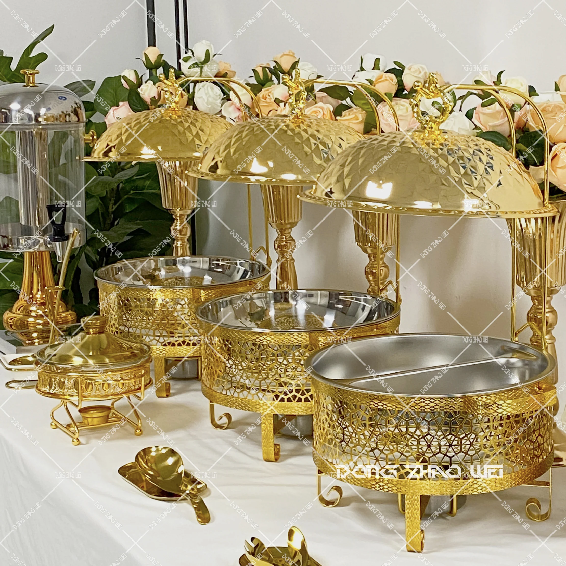 Imagem -02 - Gold Round Hanging Food Warmer Chafing Dish Buffet Food Warmer Trading House 4l 6l 8l Grande Aço Inoxidável