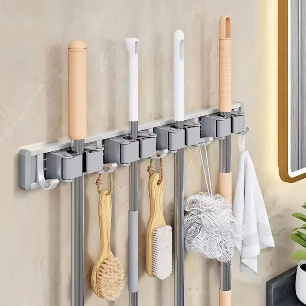 

Self Adhesive Wall Mounted Mop Holder 5/6 Hooks Waterproof Bathroom Broom Hanger Large Load Bearing 4/5 Position Mop Fixed Clip