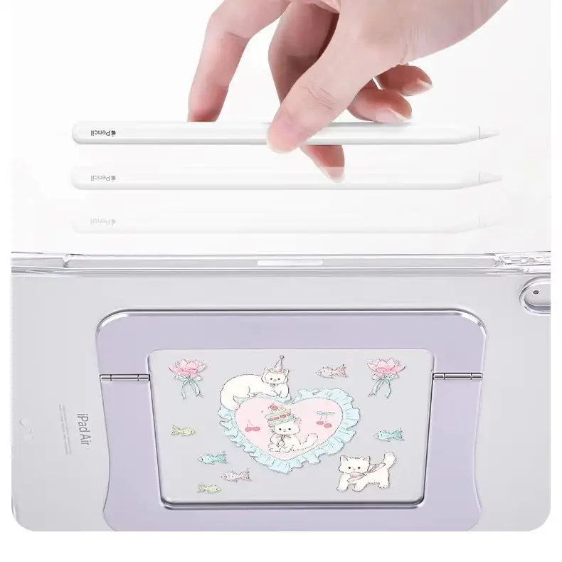 Kawaii Ins Love Kitten Stand Cover For iPad Pro 13 11th M5 M4 12.9 A16 11 12th Air 5 7 8 M2 M3 Mini Tablet Clear Shockproof Case