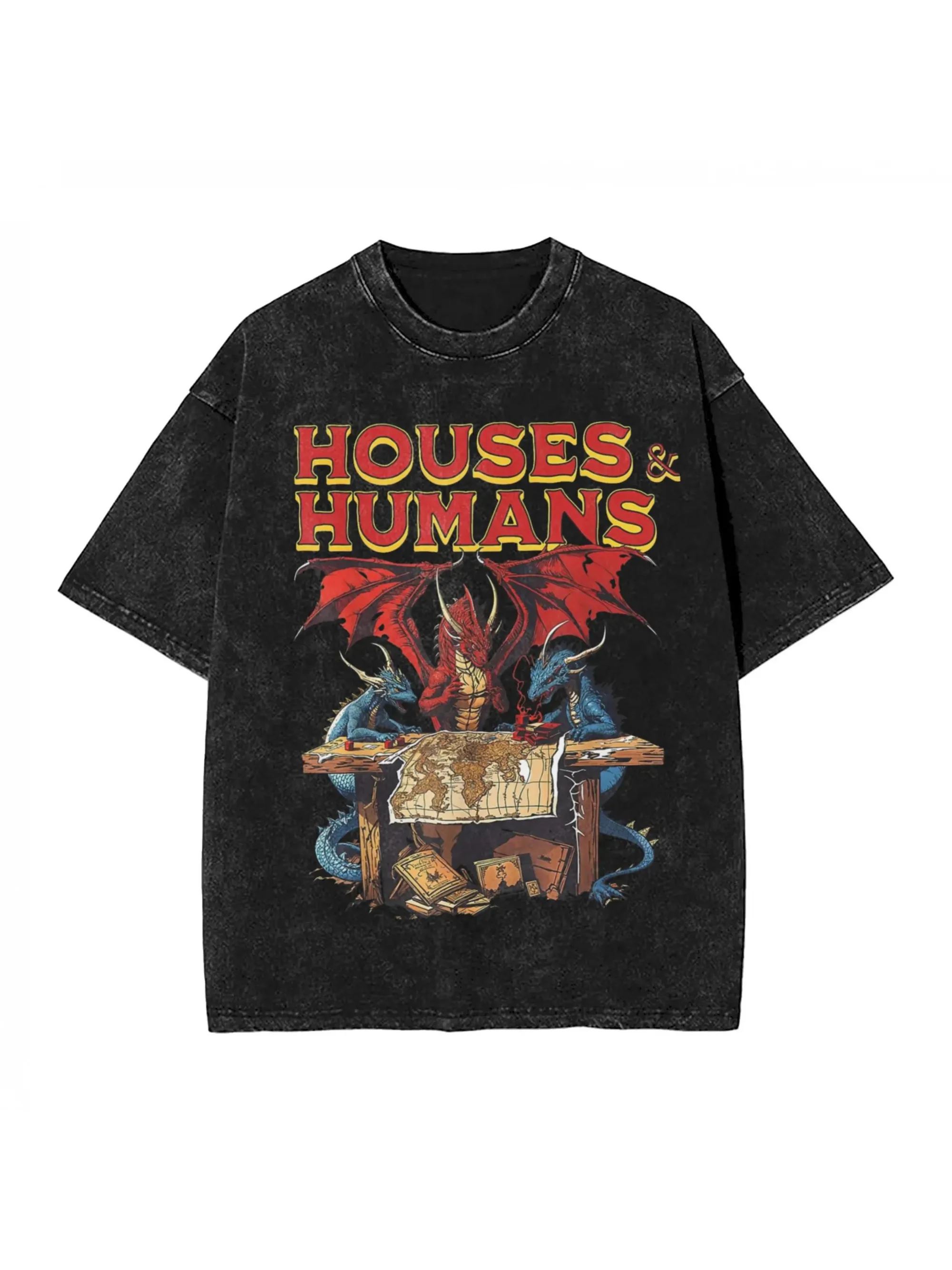 Gewaschenes T-Shirt Häuser und Menschen Retro 90er Jahre Hip Hop Oversize Dungeon Dragon DnD Streetwear Bedruckte Tops T-Shirts für Männer