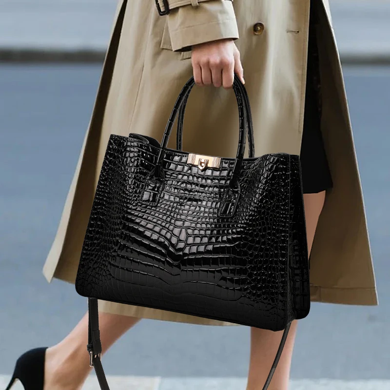 

Aidani Luxury Crocodile Pattern Genuine Leather Tote Bag, Large-Capacity Handbag, High-End Commuter Bag for Women