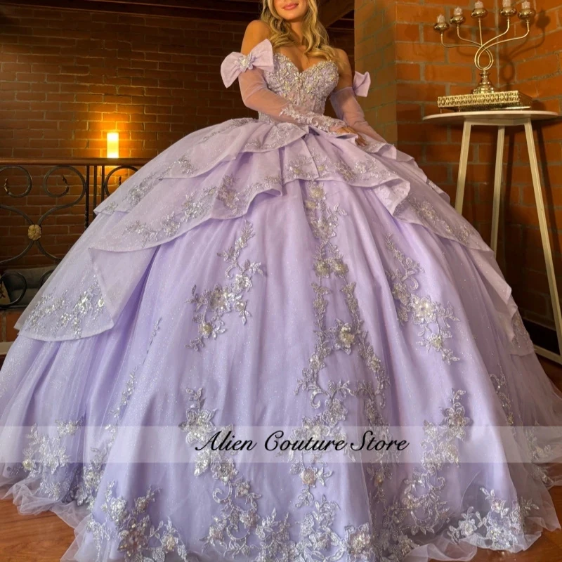 Lavender Shiny Ball Gown Quinceanera Dresses Applique Lace Beading Crystal Tull Bow Corset Off Shoulder Sweet 16 Dress vestidos
