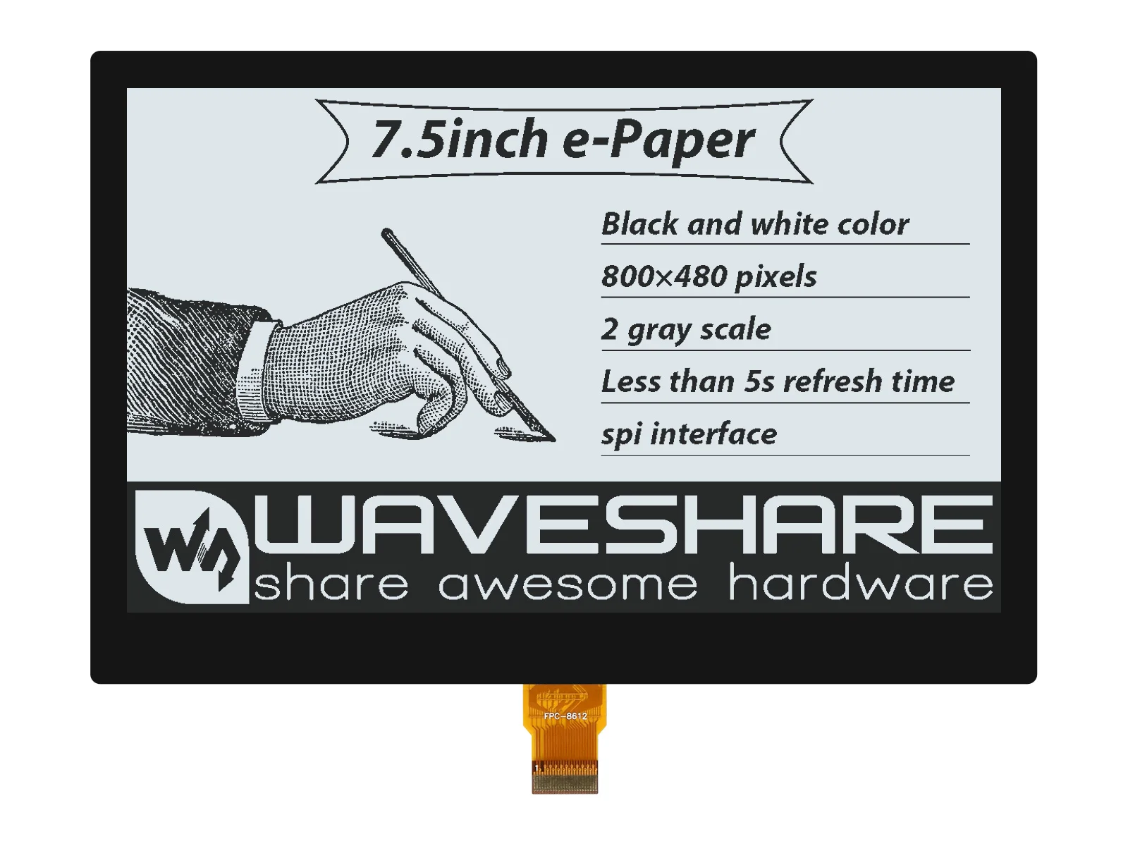 7.5inch e-Paper (G),100pcs/lot,Single Screen Without PCB Board,800×480, Black/White,SPI,Low Power,Paper-Like Displaying