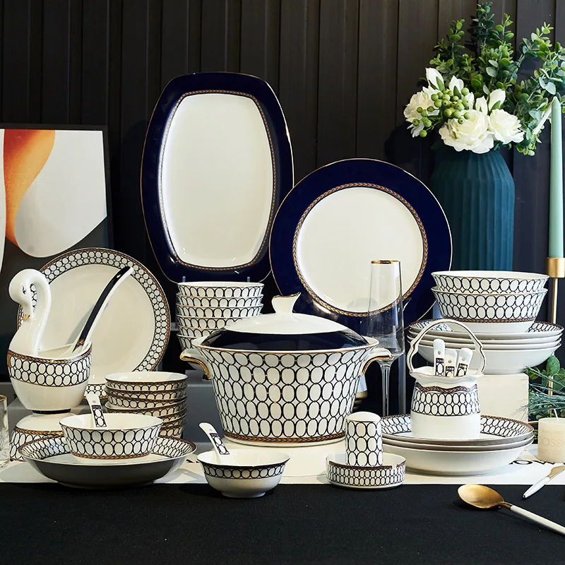 12/24/36/60 Pieces Blue Striped Simple Ceramic Tableware Set with Dinner Plate Dessert Bowl Soup Pot Spoon Set