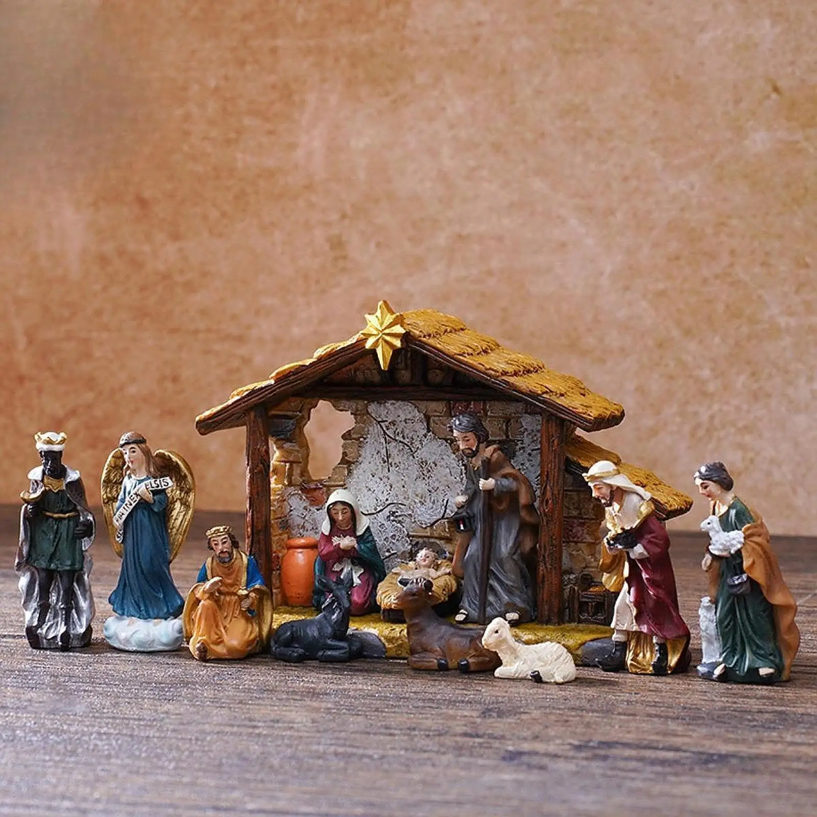 Juego de figuritas de Natividad navideña de 12 Uds., escena de pesebre de Jesús, adorno de estatua de mesa artesanal de resina para decoración de escritorio de estantería del hogar