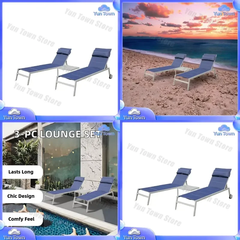 Luxury Modern 3-Piece Aluminum Lounge Chair Set in Gray with Woven Rattan Rope for Outdoor Use for Garden Pool Beach Hotel