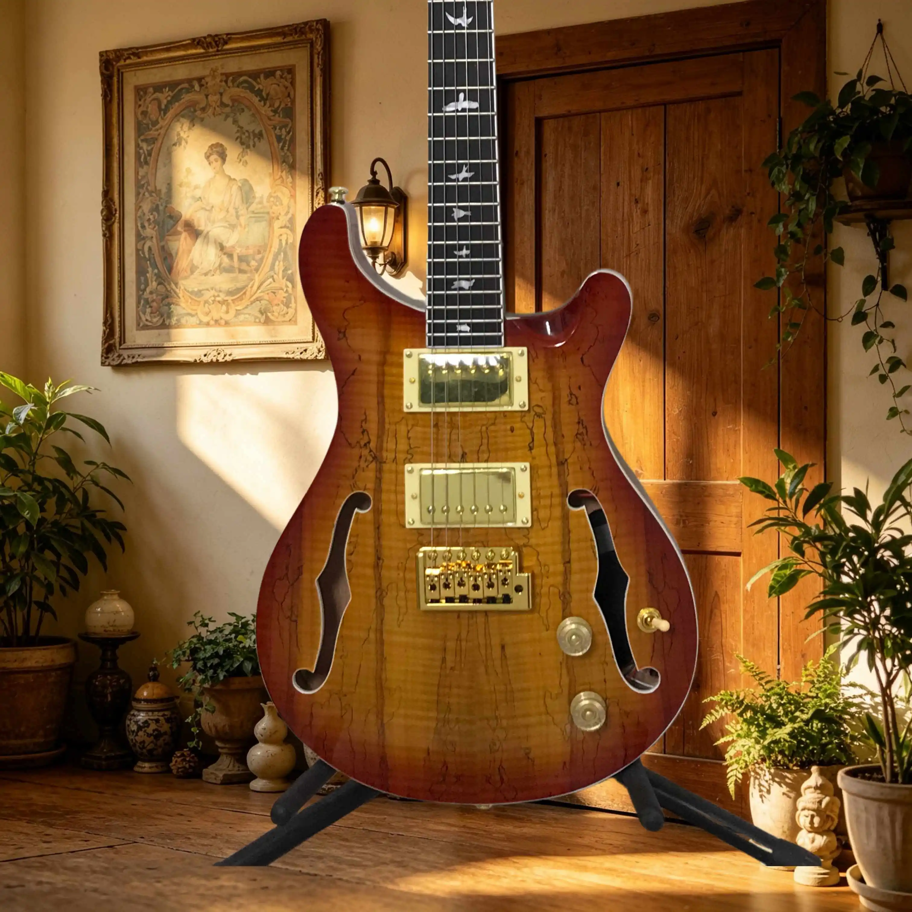 PRS Electric Guitar Double Missing Corner Half Air Heart Fluff Pattern Wood Grain Fluff Amber Scale Knob Rose Wood Fingerboard