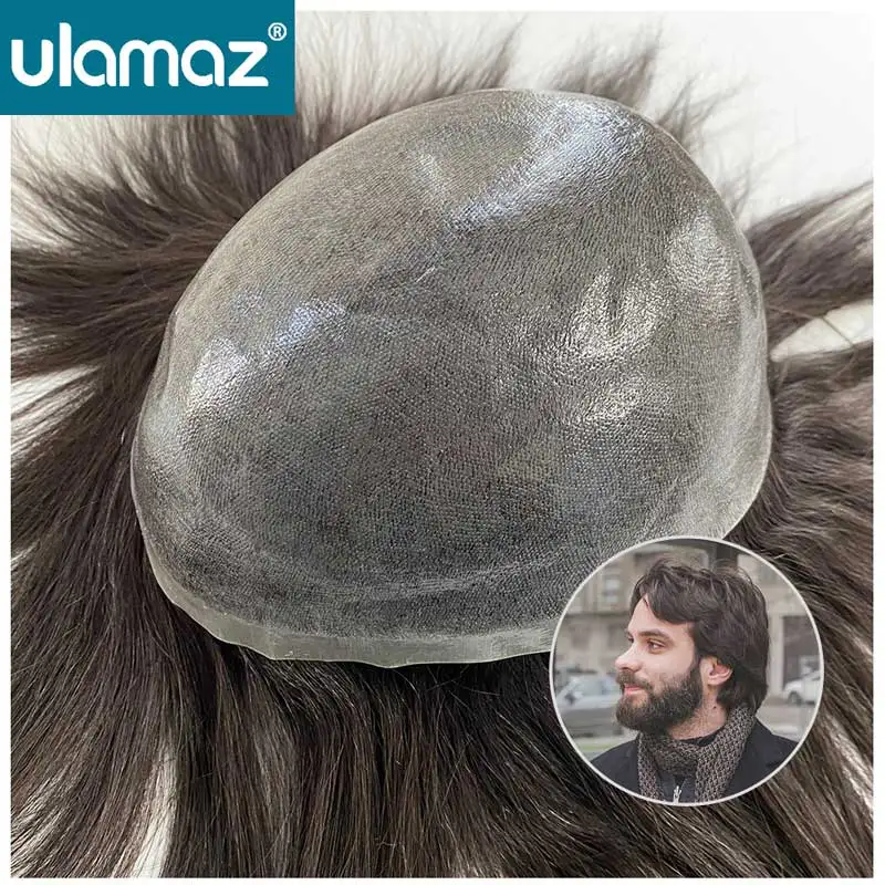 

7 Inches Human Hair Men's Wig Real Hair Male Hair Prosthesis Knotless Toupee Hair Men 0.06-0.08mm Thin Skin Hair System For Man