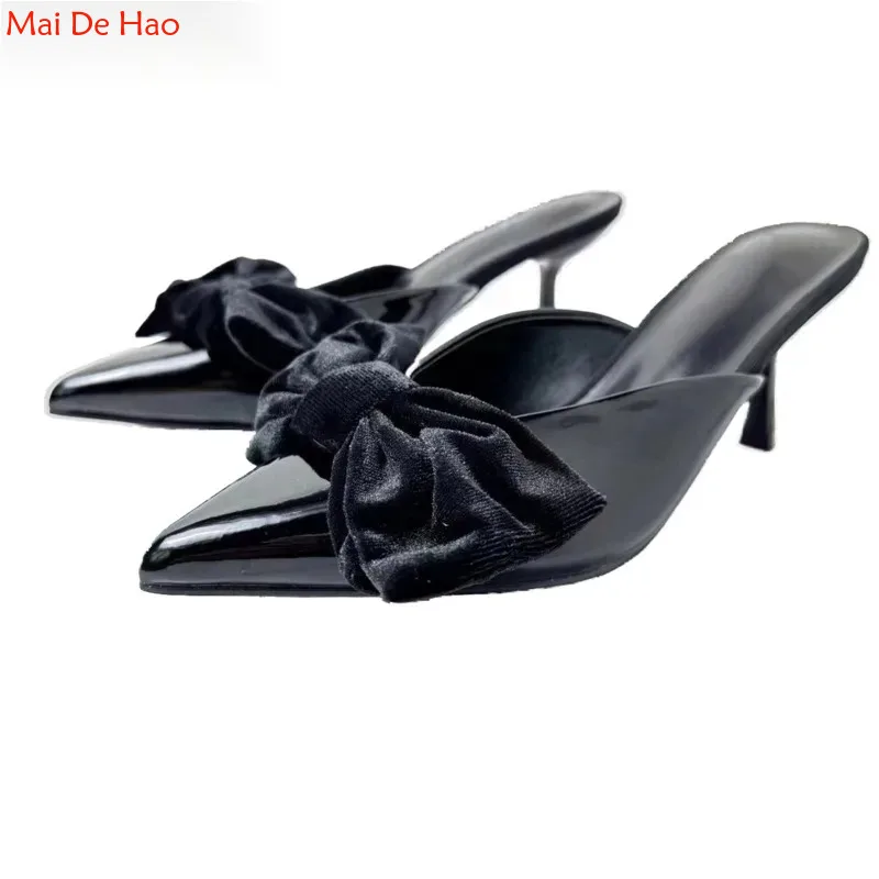 

Bow Mid Heels Pumps Women Ladies Shoes Pointed Toe Patent Leather Stilettos Slingbacks Temperament Classic Sandals large Size