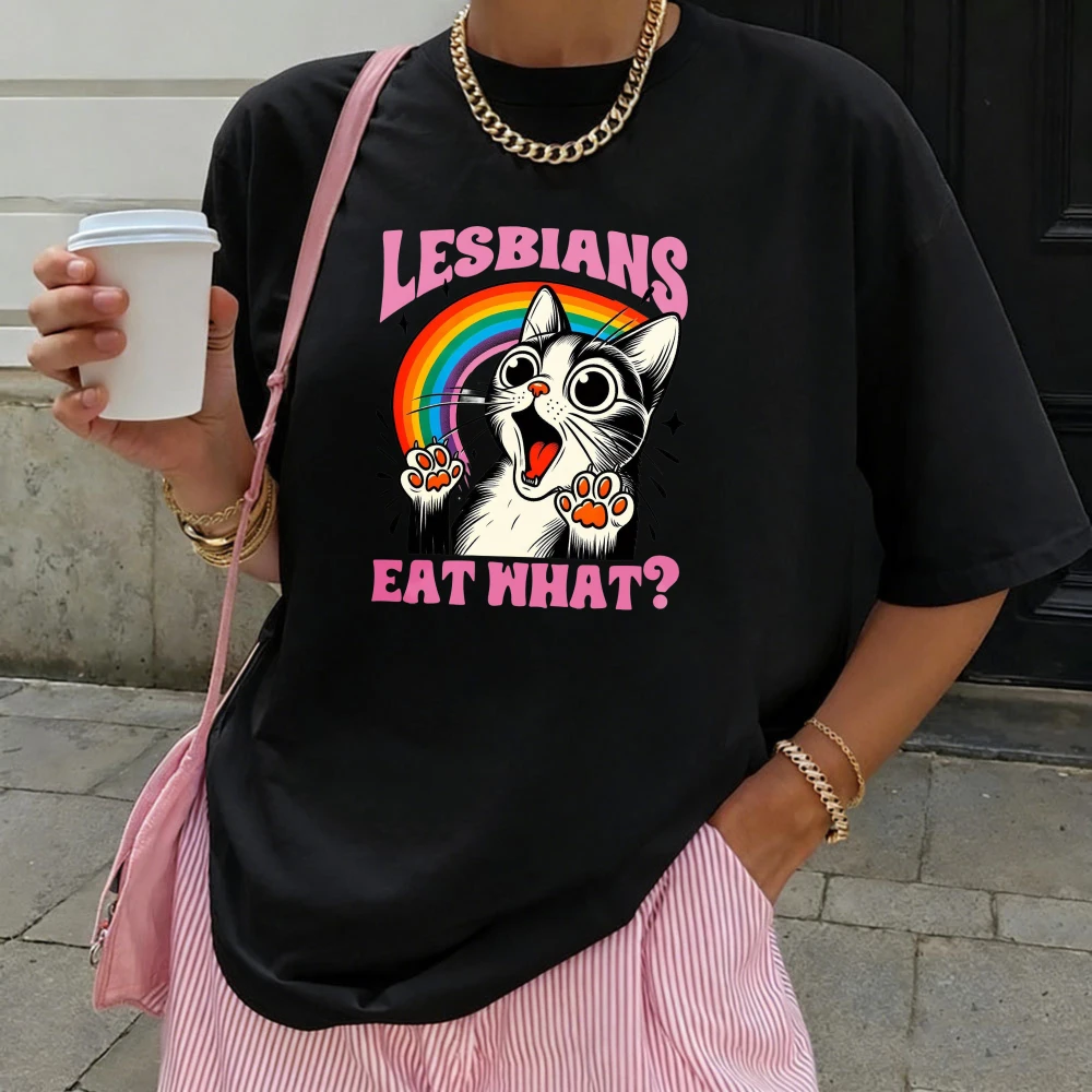 Lesbians Eat What Funny Cat Graphic Tee Rainbow Pride Flag Humor Lgbt Ally Gift Women Cotton Fashion Short-sleeve Shirt