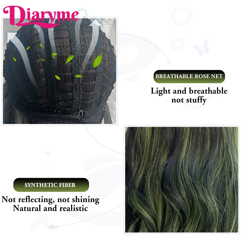 Wig rambut hijau highlight hitam sintetis untuk wanita wig Cosplay Lolita panjang bergelombang untuk wanita wig hijau wanita modis