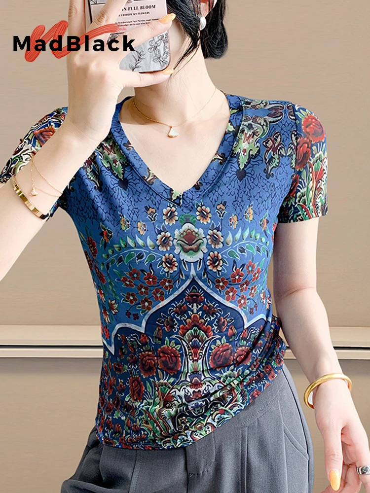 

MadBlack-Women's European T-Shirt, Sexy V Neck Floral Printed, Fashion Short Sleeve Slim Elastic S-3XL Tee, 2025 Summer T56037CC