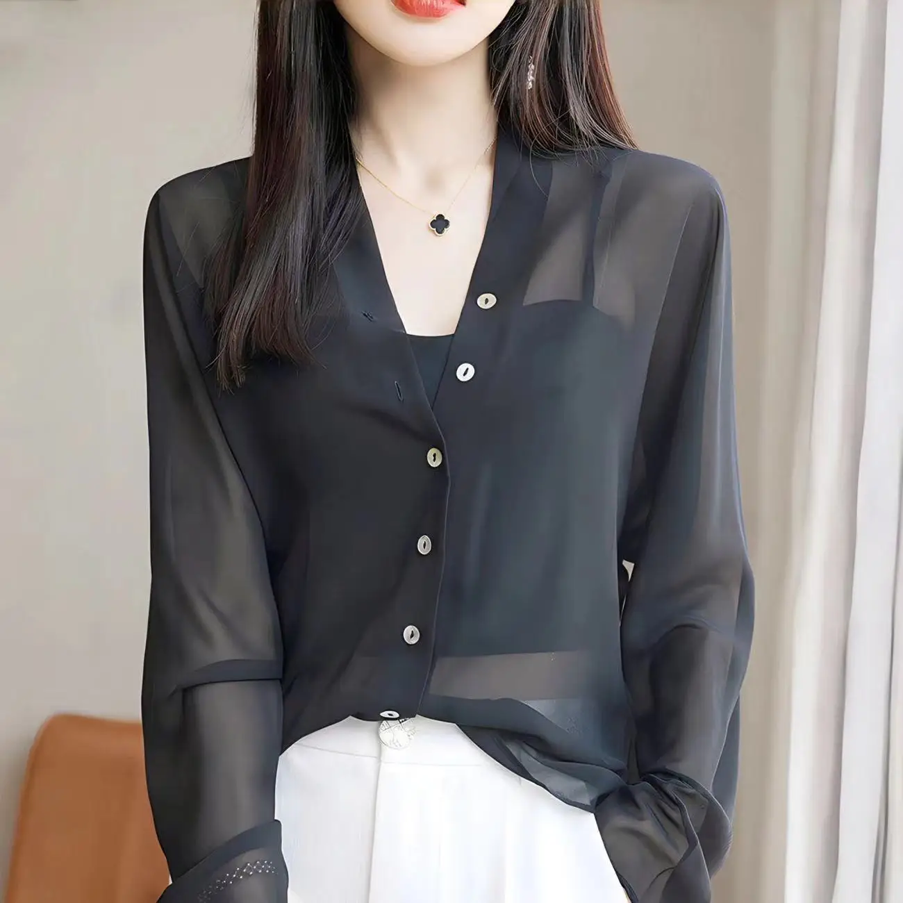 

Summer Women Thin Sunscreen Clothing Coats Korean Solid V-Neck Fashion Loose Long Sleeve Chiffon Perspective Casual Shirt Tops