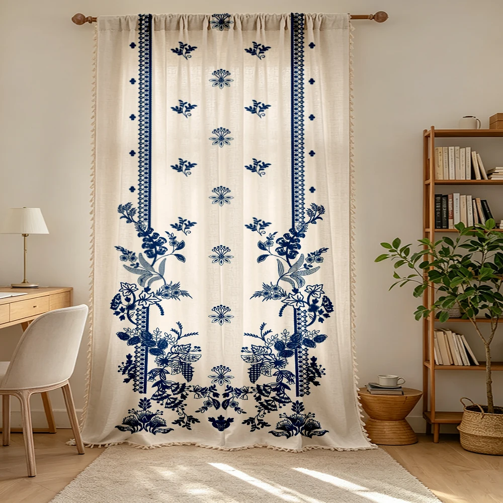 1PC Vintage Tassel Sheer Curtains, Blue Porcelain Floral Border, Digital Print, Linen Polyester, Bedroom Living Room, Home Decor