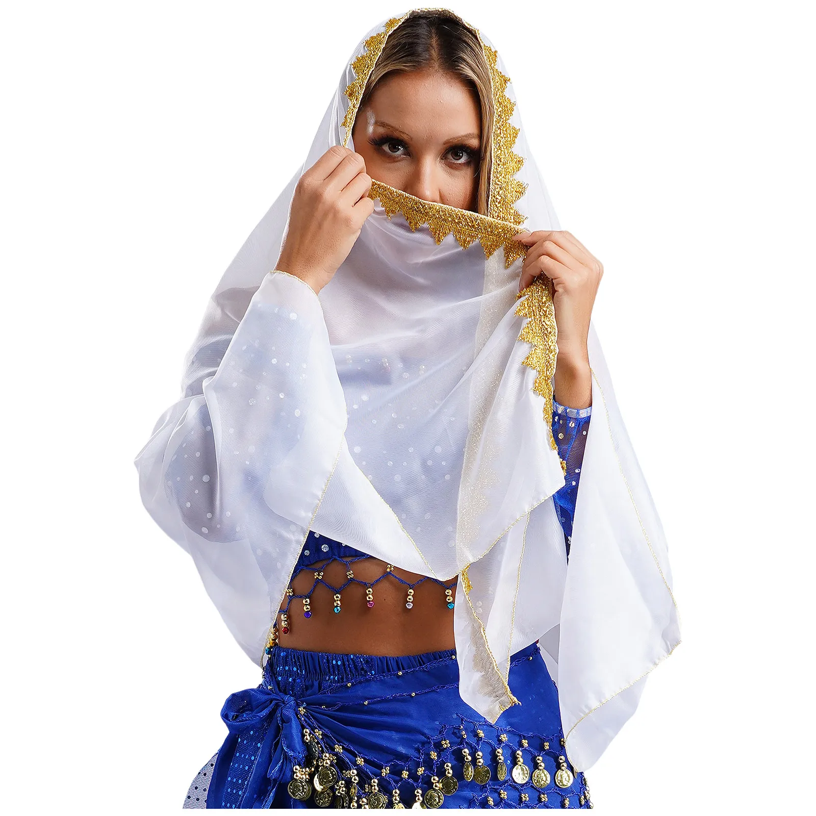 Womens Indian Belly Shawls Lace Trim Mesh Veil Dance Shawls Big Headscarf Gold Halloween Belly Dance Costume