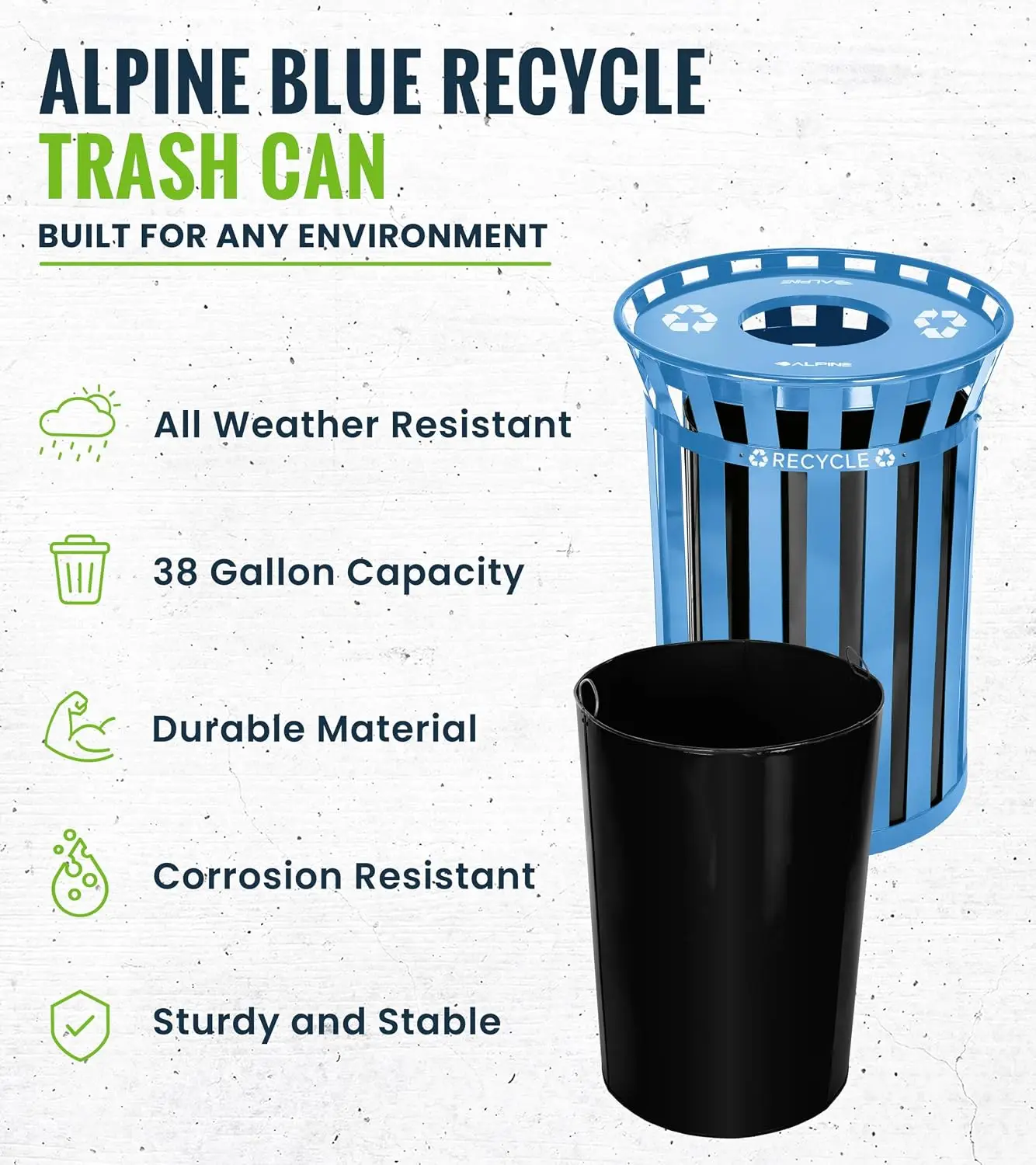 Commercial Outdoor Trash Can - 38 Gallon Heavy Duty Blue Recycle Garbage Can with Liner, Open Top Lid, All Weather Resistant