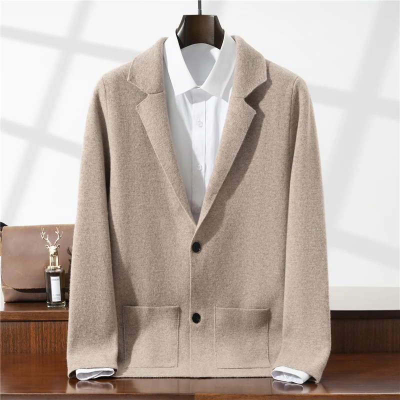 

New Hot Selling Men's Knitted Cardigan Collar 100 Pure Wool Sweater Casual Business Long Sleeved Jacket Men's Wool Sweater Solid