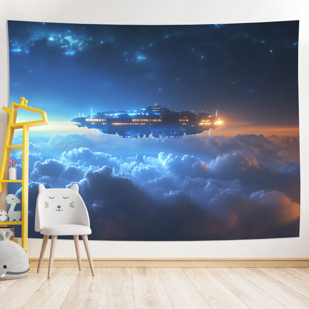 Sci-Fi Spaceship Tapestry,Galaxy Starry Sky Cloud Top Futuristic Universe Landscape Art Print Wall Cloth, Cool Decor For Bedroom