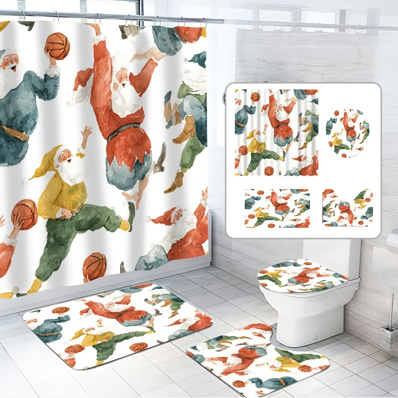 

4 шт., рождественский рождественский комплект занавесок для душа с крючками, полиэфирная ткань, с нескользящим напольным ковриком для ванной комнаты, декоративная ванна
