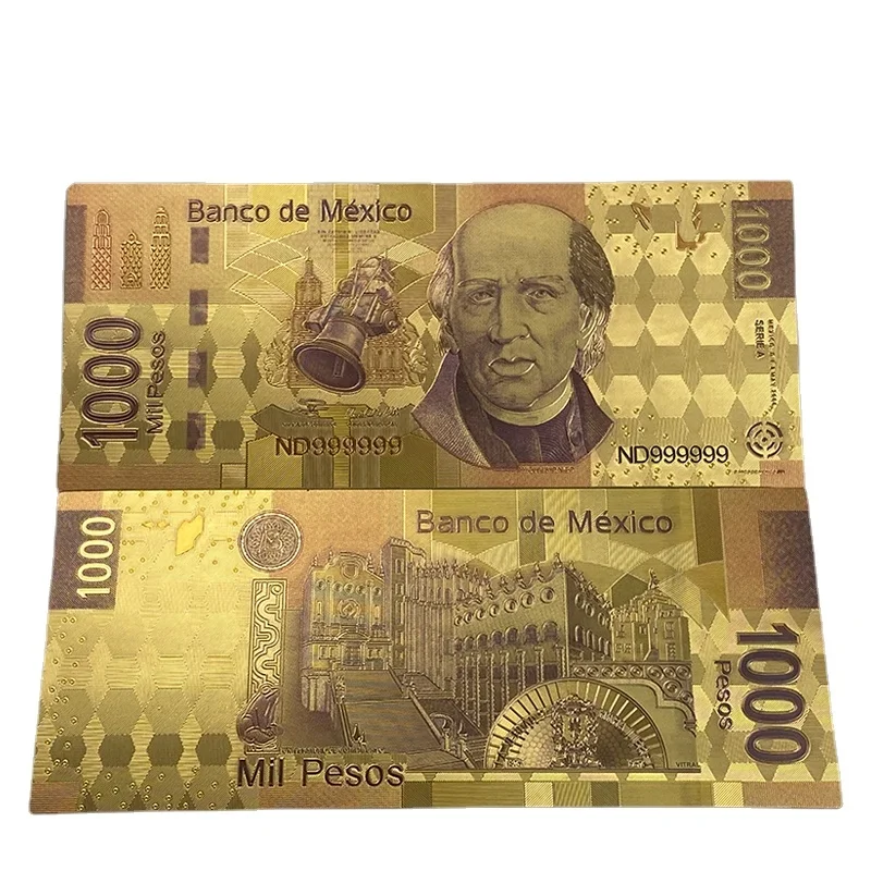 

10pcs/lot New Colored Mexico 500 1000 Peso Mexicano Banknote in 24k Gold Plated For Collection