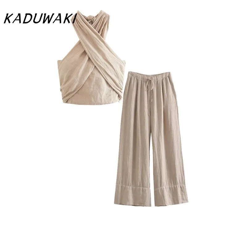 

KADUWAKI Cotton Linen Pants Sets Women Fashion Halter Crop Tops Two Piece Ladies Sets Flimsy Wide Leg Pants Newest High Street