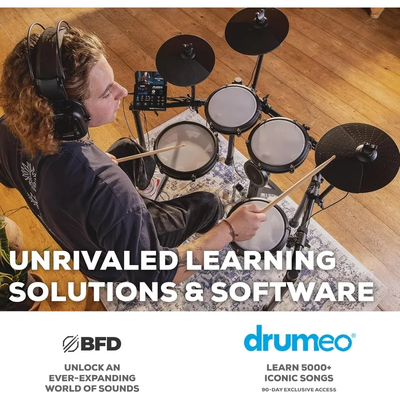 مجموعة طبلة كهربائية Nitro Max Kit مع وسادات شبكية هادئة، منطقة كمين 10 بوصة، بلوتوث، 440+ أصيلة، Drumeo، USB