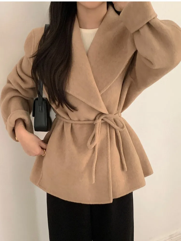 

Ele ort Woolen Coat for Women Chic Autumn Winter Vintage High-End Feelings Belted Sli Knitwear Chinese Brand