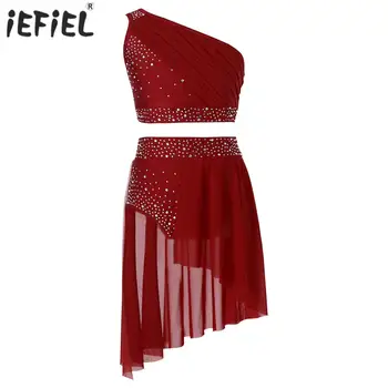 Dziecięcy strój do tańca lirycznego dla dziewczynek Rhinestone Ruched przezroczysta siateczka krótki top na jedno ramię z spódnicą figi zestawy sceniczne