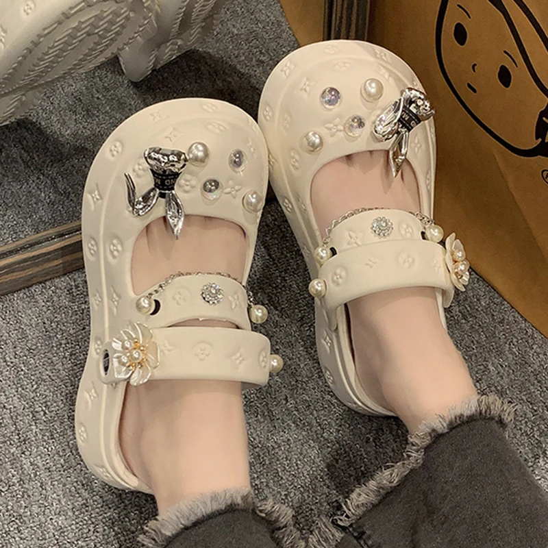 Women Summer Slippers EVA Platform Sandals Shine Pearl And Rabbit Decoration Beach Slides Flip Flop Soft Casual Shoe For Female