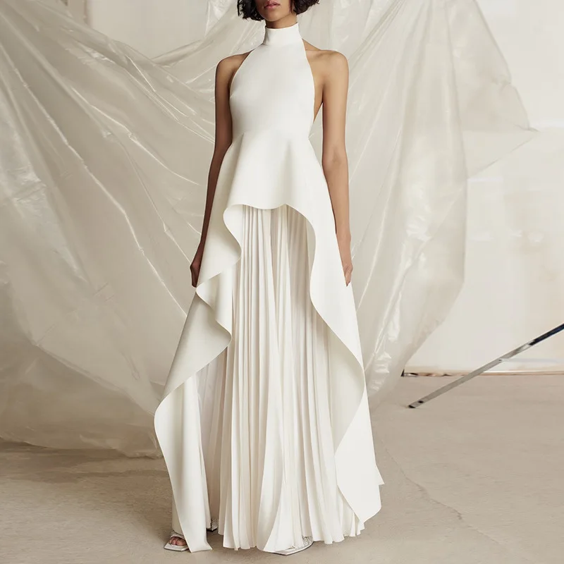 

Сексуальный женский комплект из двух предметов по индивидуальному заказу, топ с лямкой на шее, без рукавов, с открытой спиной, с высокой талией, макси-юбка, утягивающий плиссированный элегантный женский костюм