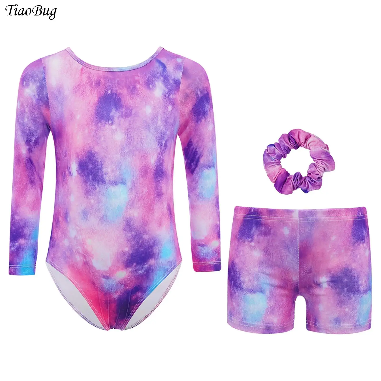 

Kids Girls Gymnastics Leotard Starry Sky/Zebra-Stripe/Star Printed Bodysuit +Shorts Ballet Figure Skating Costume Training Wear