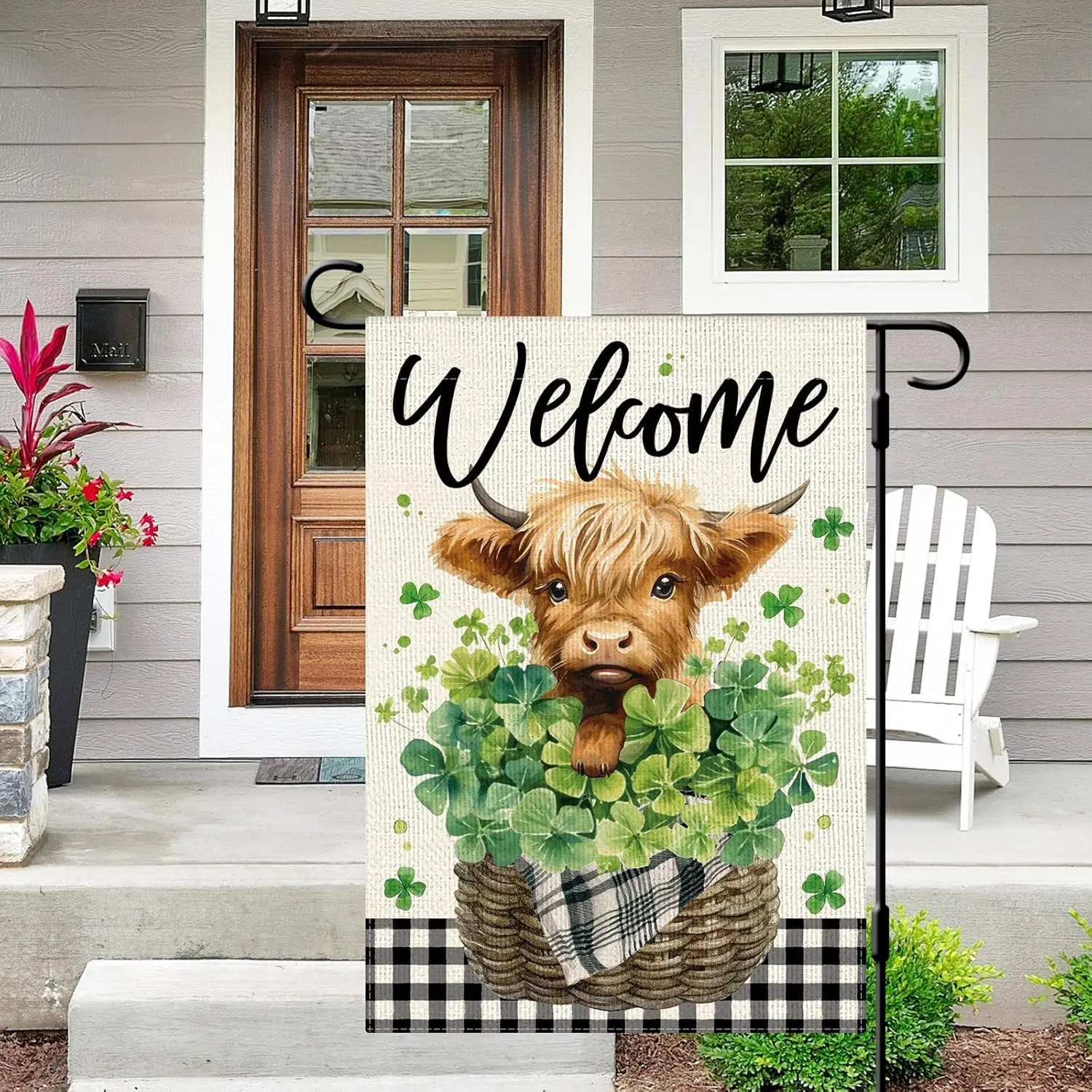 DLZDN Welcome St Patricks Day Highland Cow Garden Flag Shamrocks Clovers Garden Flag 12×18 Inch Double Sided Buffalo Plaid F EEZ