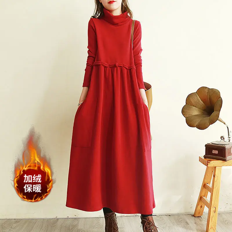 Plush Thickened Retro Artistic Dress Women Autumn and Winter New Style Knee Length Skirt Plus Size Loose Medium Length Dresses