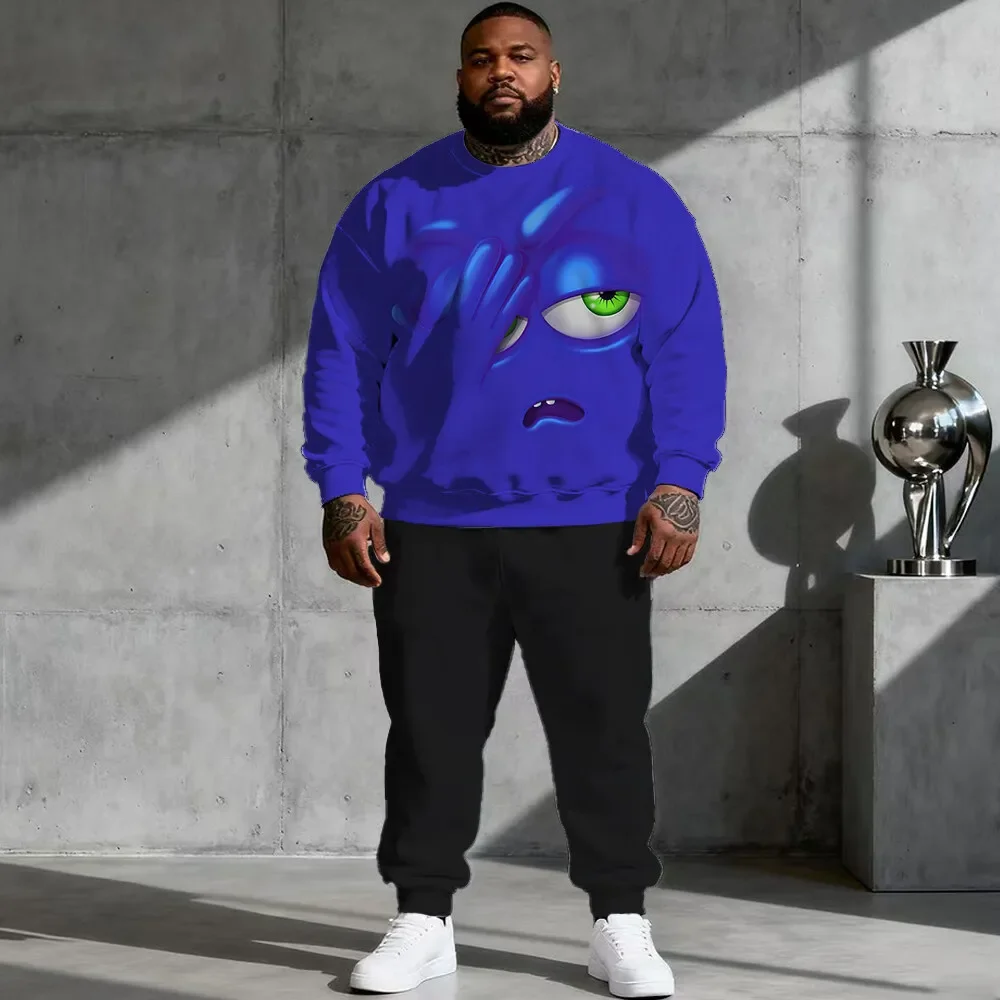 Men's Plus Size Crewneck Sweatshirt and Joggers Set, Quirky Face Graphics in Colorful Cartoon or Dripping Doodle Designs S-9XL