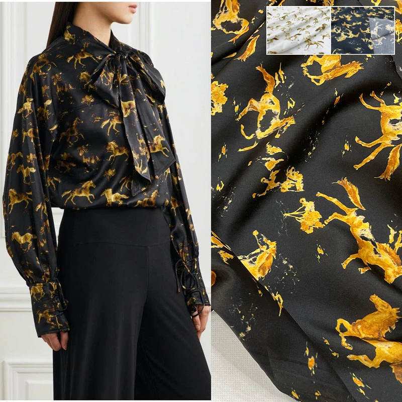 Luxury Brand Cotton Poplin Print Fabric for Clothes Fashion Clothing Golden Horse Diy Sew Shirt Materi Cloth for Dress by Meter