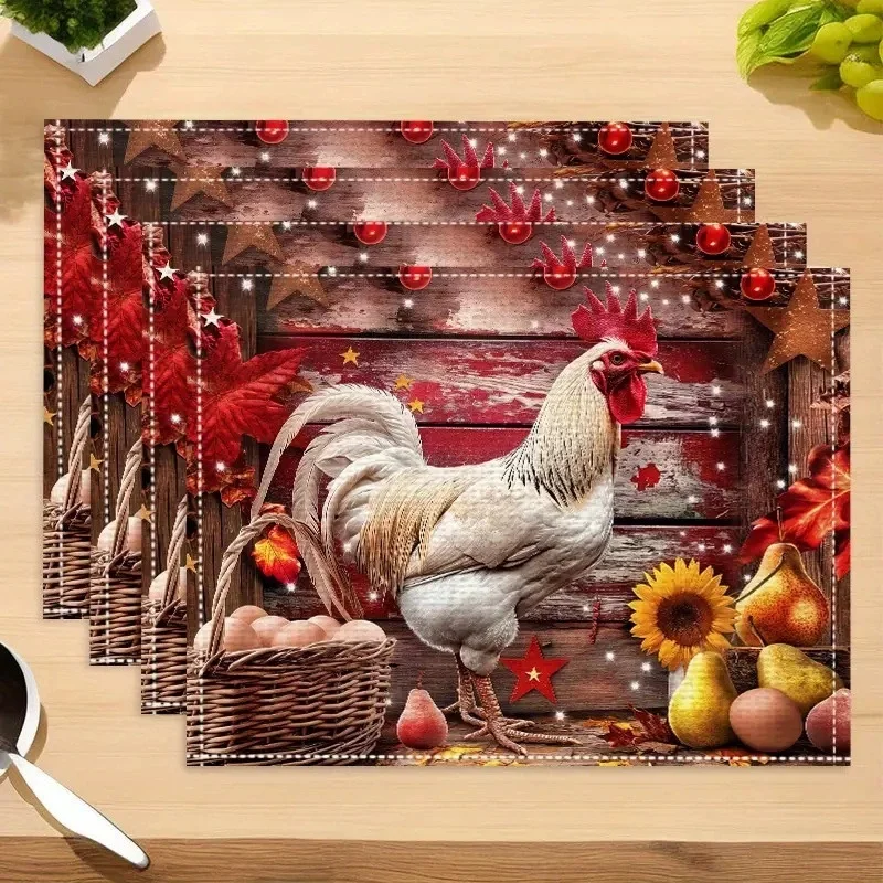 Farmhouse Rooster Placemats,Vintage Country Chicken&Daisy Flower Design Polyester Woven Table Mats for Kitchen Machine Washable