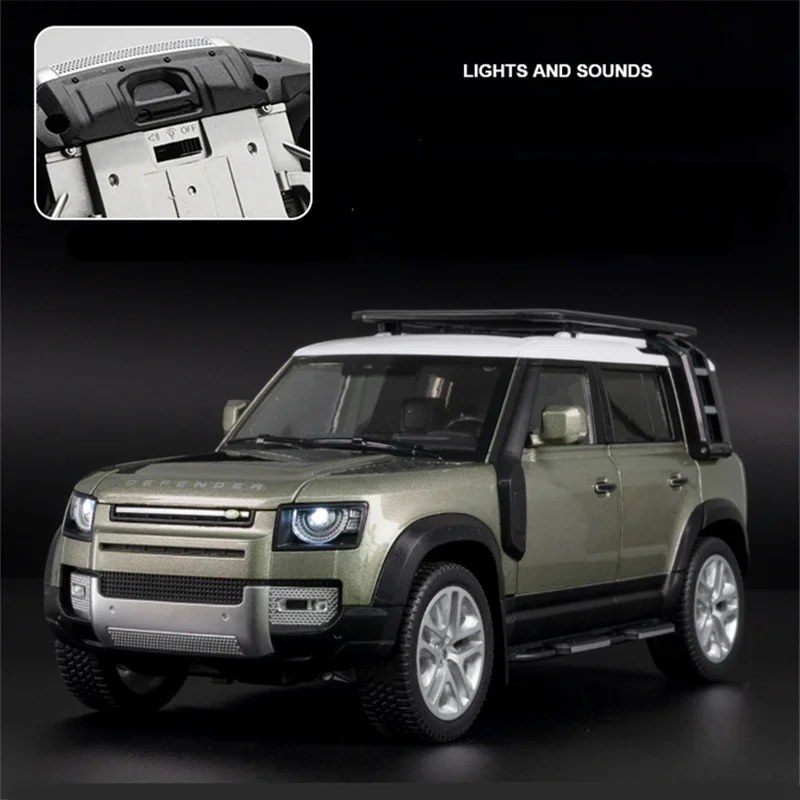 1/18 Range Rover Defender SUVรถรุ่นDiecastจําลองโลหะรถออฟโรดรุ่นเสียงและแสงของเล่นเด็กของขวัญ