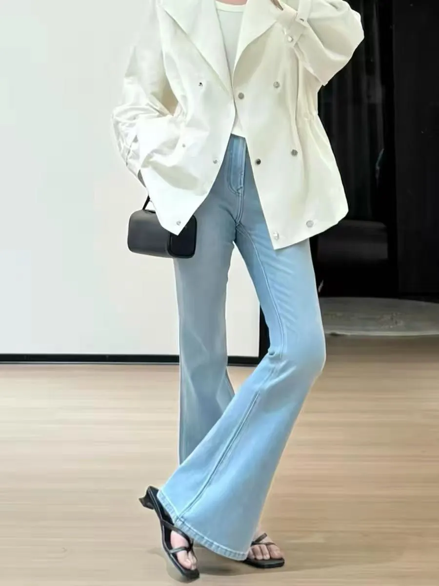 Fashion Blue Micro Flared Jeans Korean Retro Women's High Waist Slim Denim Trousers 2026 Spring Summer Slim Wide Leg Pants
