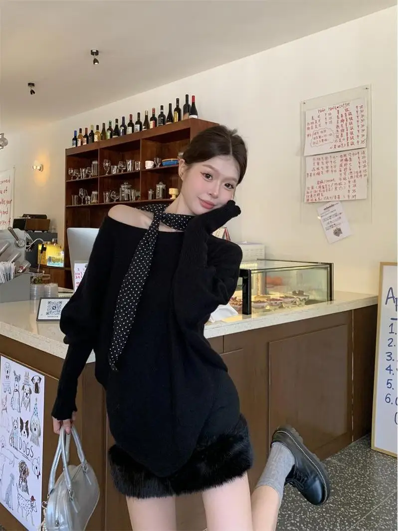 الكورية Sle Batwing Sve محبوك سترة الخريف الشتاء فضفاضة تناسب غير المتكافئة الغلاف الجوي الشعور بلوزة عصرية غير رسمية #3