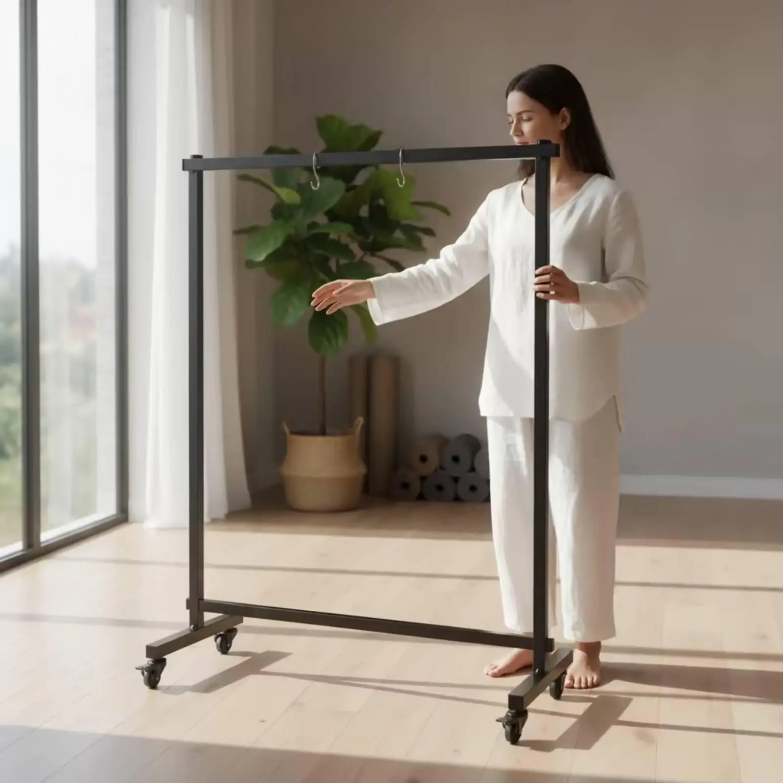 Floor Mounted Meditation Gong Stand with Wheels Durable Metal Double Bar Hanger for Sound Bath Use