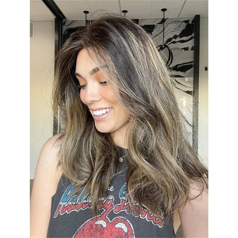 Ombre Blonde Brown HD Lace Front Wig Preplucked Free Part Heat Resistant Wavy Highlights Bruentte Hair Wig for Women Daily Use