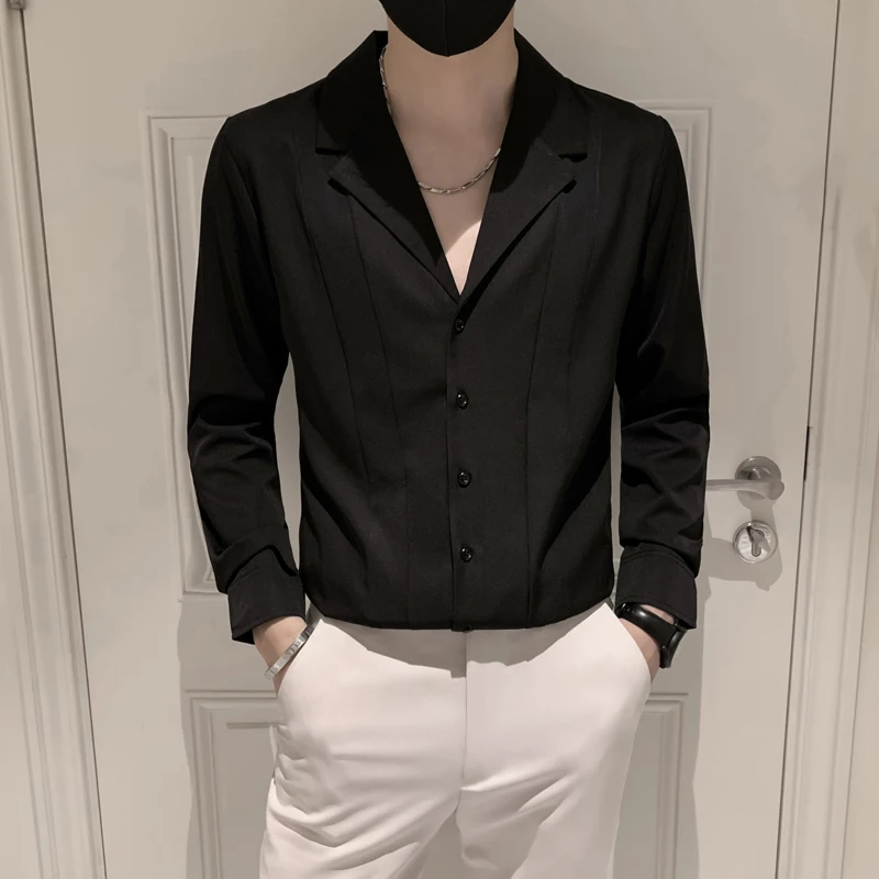 

Cuban Collar Long Sve Slim Fit Casual irt Men's Faion Bla irt Trendy Youth Autumn Polyester Spandex Blend