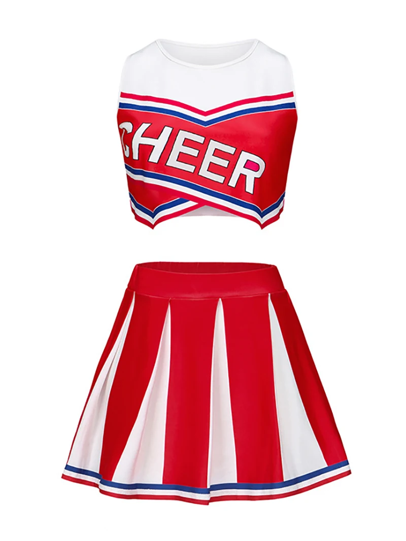 

Womens Cheerleader School Uniform Sexy Adult Girls Cheer Cosplay Clubwear Cheerleading Costumes Crop Top with Mini Pleated Skirt