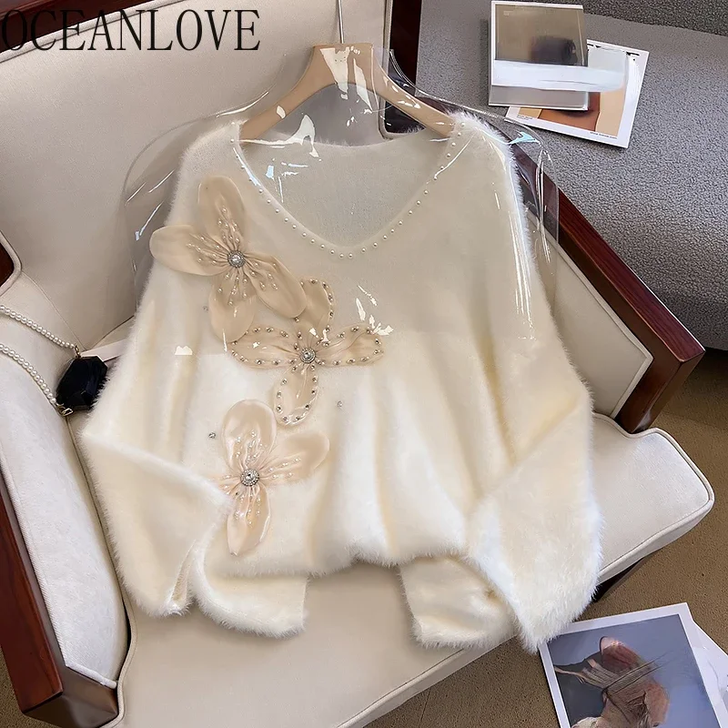 OCEANLOVE Flowers V Neck Women Sweaters Autumn Winter Thick Warm Korean Fashion Sueter Mujer Sweet Elegant Loose Pullovers