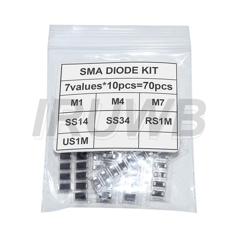 70pcs SMD Diodes 7 Values*10pcs Electronic kit schottky diode set pack 1N4007 M7 1N4001 M1 1N4004 M4 SS14 US1M RS1M SS34